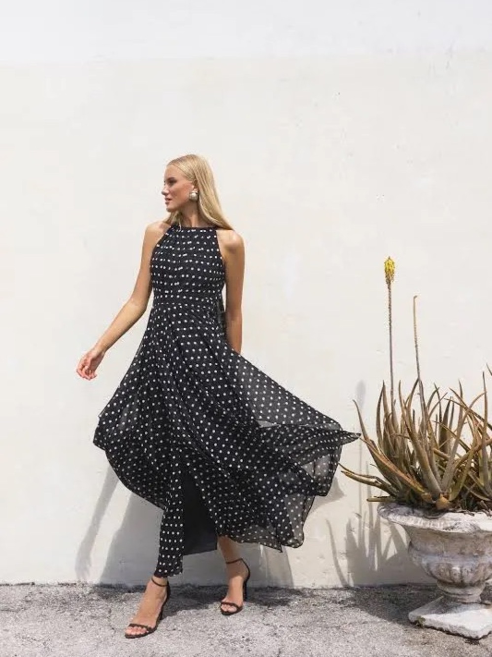 Sleeveless Black Polka Dot Midi Dress